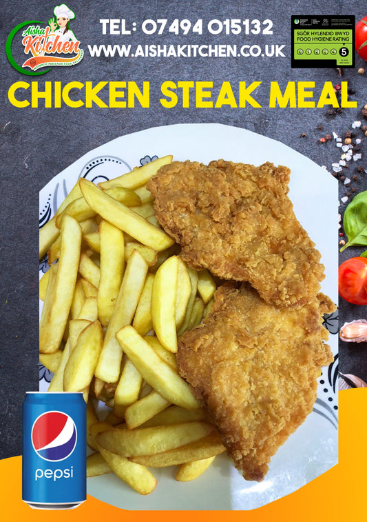 Battered Chicken Steaks 2x Hot & Spicy with Chips and Drink Meal Deal