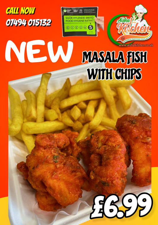 HOMEMADE MASALA FISH (6) WITH CHIPS