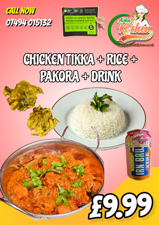 Special Chicken Tikka Masala Curry with Boiled Rice and 2x Pakora and new Irn Bru Can