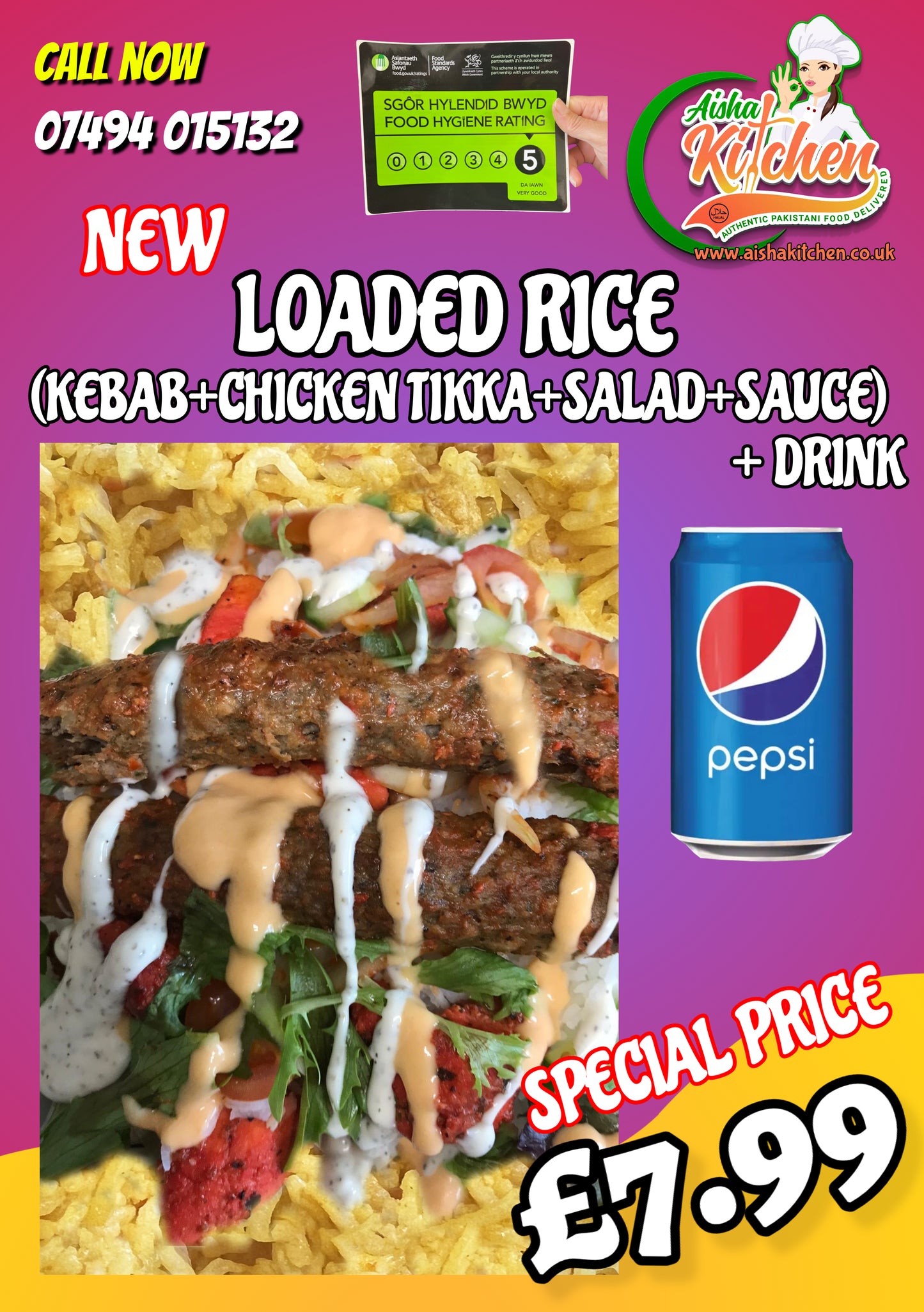 Special Loaded Rice with Chicken Tikka and Kebab with Special Secret Sauce with salad & Pepsi Can