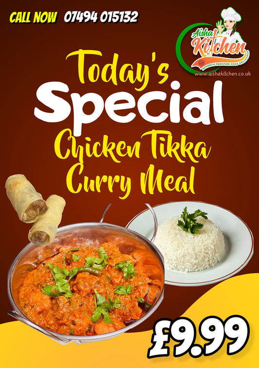 Todays Special Chicken Tikka Masala Curry with Boiled Rice and spring rolls