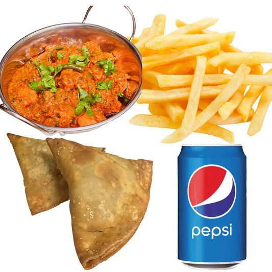 Meal Deal 10 : Chicken Tikka Masala Curry with Chips, 2 Chicken Samosa and Pepsi Can