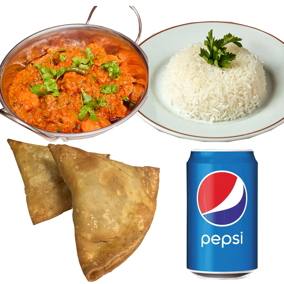 Meal Deal 1 : Chicken Tikka Masala Curry with Boiled Rice, 2 Chicken Samosa and Pepsi Can