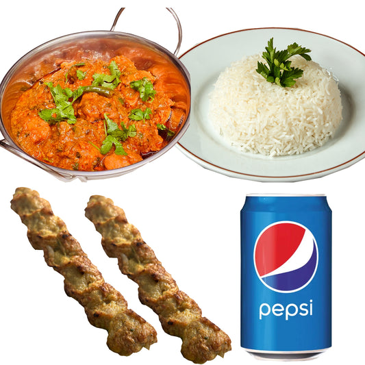 Meal Deal 2 : Chicken Tikka Masala Curry with Boiled Rice, 2 Chicken Seekh Kebab and Pepsi Can