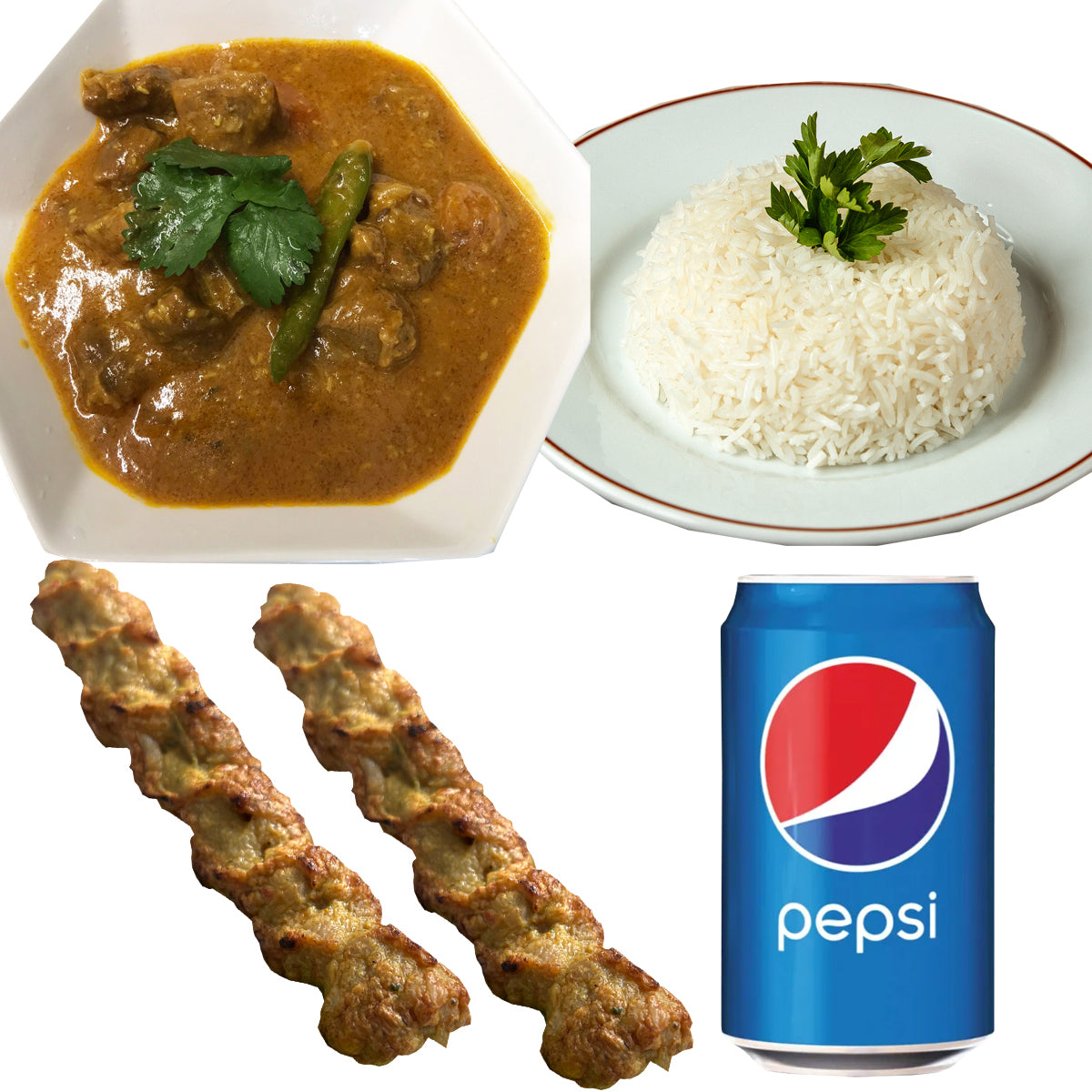 Meal Deal 3 : Lamb Korma Masala Curry with Boiled Rice, 2 Lamb Seekh Kebab and Pepsi Can