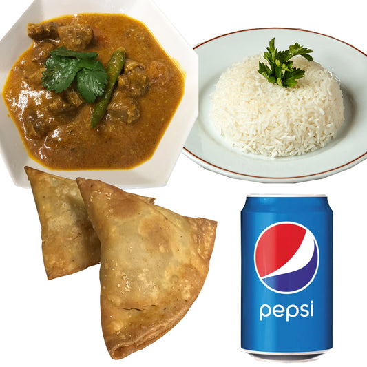 Meal Deal 4 : Lamb Korma Masala Curry with Boiled Rice, 2 Lamb Samosa and Pepsi Can