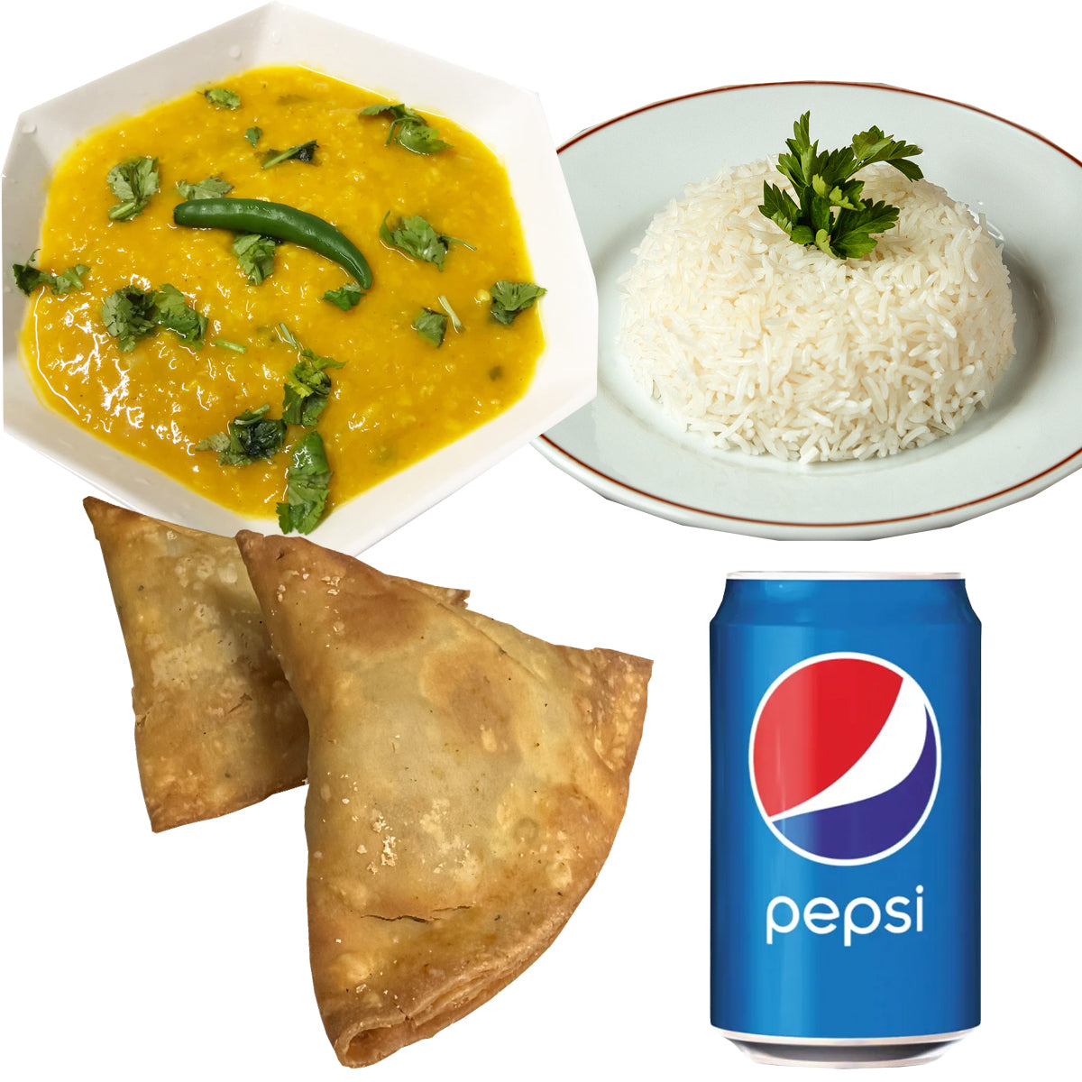 Meal Deal 5 : Yellow & Red Lentil Dal with Boiled Rice, 2 Veg Samosa and Pepsi Can