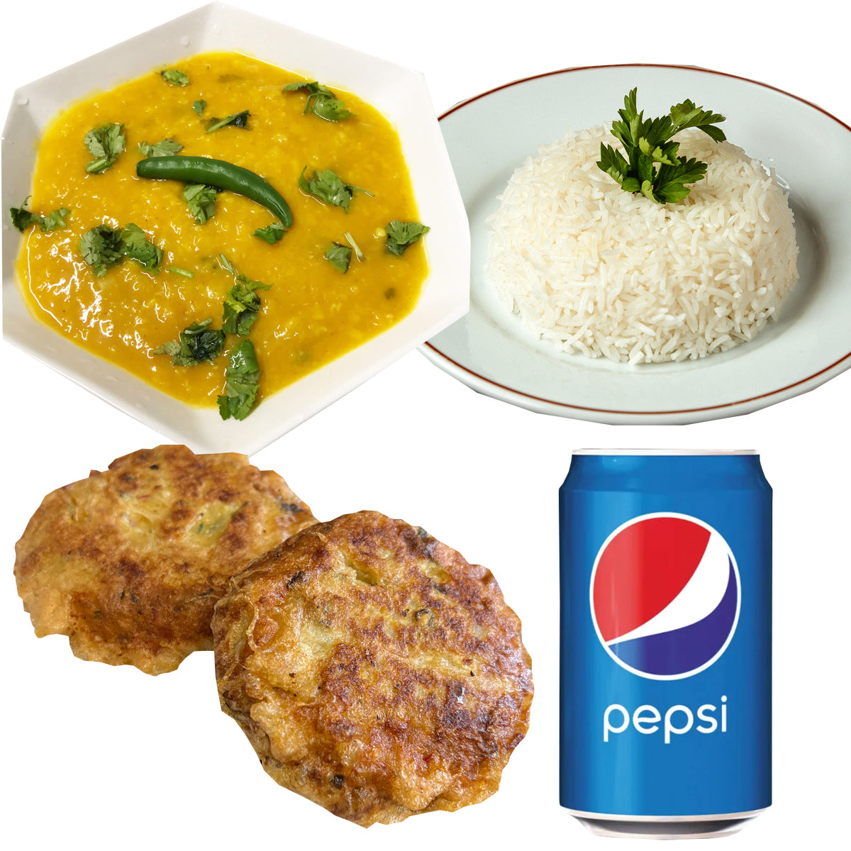 Meal Deal 6 : Yellow & Red Lentil Dal with Boiled Rice, 2 Aloo Tikki (Potato Cakes) and Pepsi Can