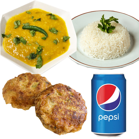 Meal Deal 6 : Yellow & Red Lentil Dal with Boiled Rice, 2 Aloo Tikki (Potato Cakes) and Pepsi Can