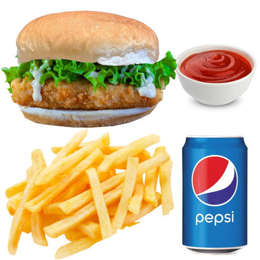 Meal Deal 8 : Crispy Fish Fillet Quarter Pounders Burger with Chips, Ketchup Sauce and Pepsi Can
