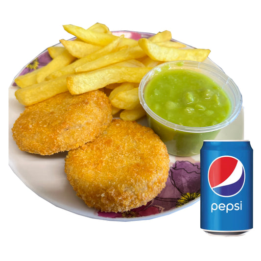 Meal Deal 9 : Fish Cakes (2) with Chips, Mushy Peas and Pepsi Can