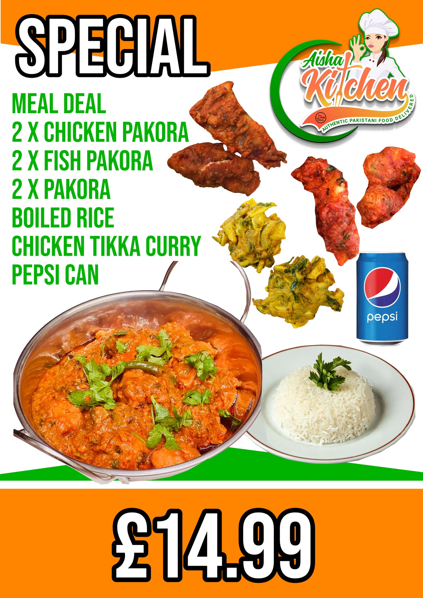 Special Chicken Tikka Masala Curry with Boiled Rice and 2x Chicken Pakora, 2x Fish Pakora, 2x Pakora and Pepsi Can