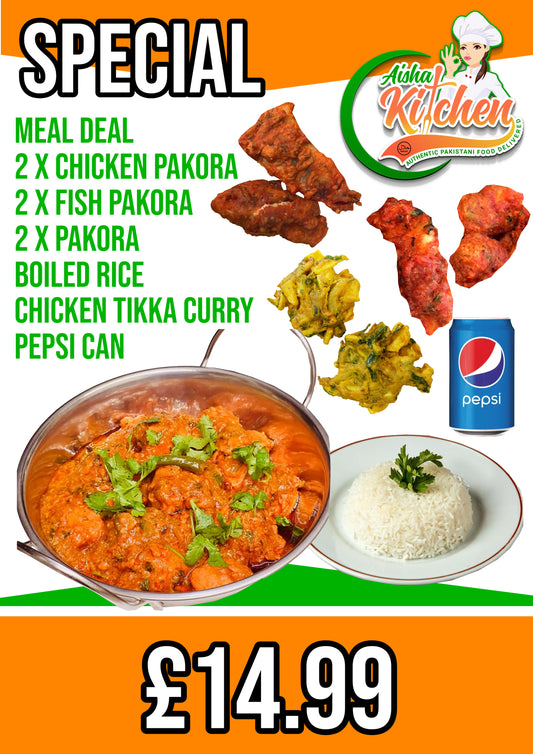 Special Chicken Tikka Masala Curry with Boiled Rice and 2x Chicken Pakora, 2x Fish Pakora, 2x Pakora and Pepsi Can