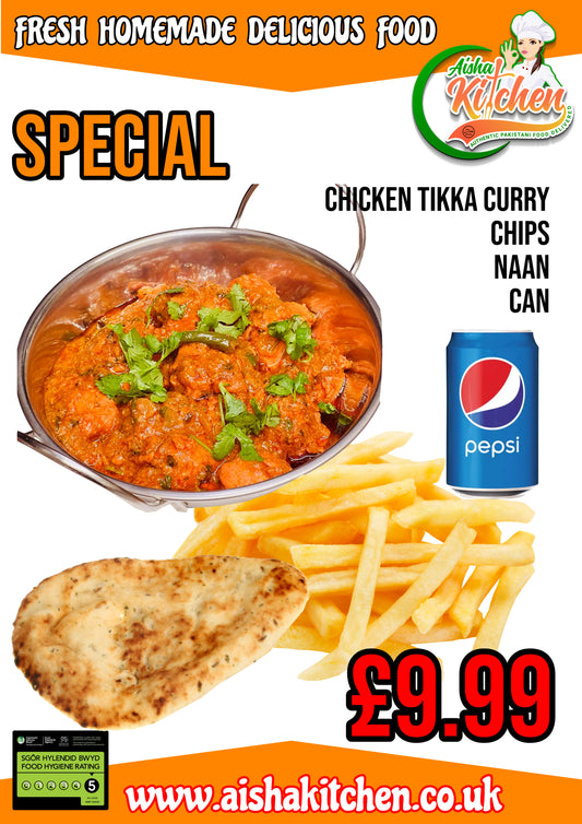 Special Chicken Tikka Masala Curry with Chips with Naan and Pepsi Can