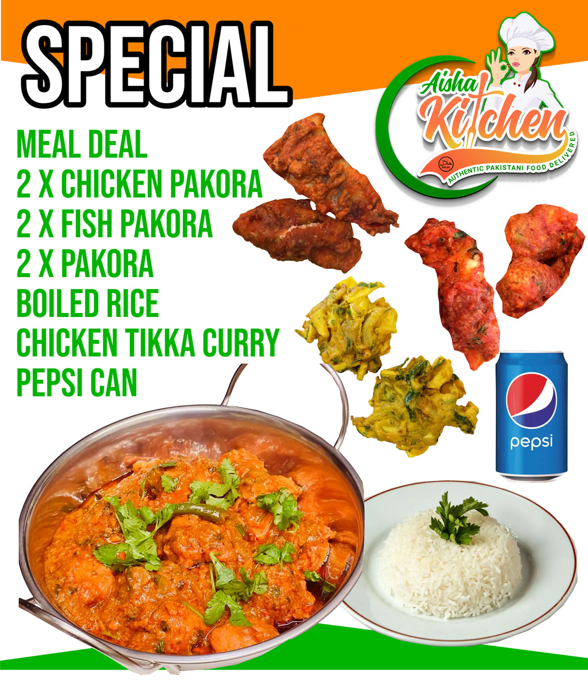 Special Chicken Tikka Masala Curry with Boiled Rice and 2x Chicken Pakora, 2x Fish Pakora, 2x Pakora and Pepsi Can