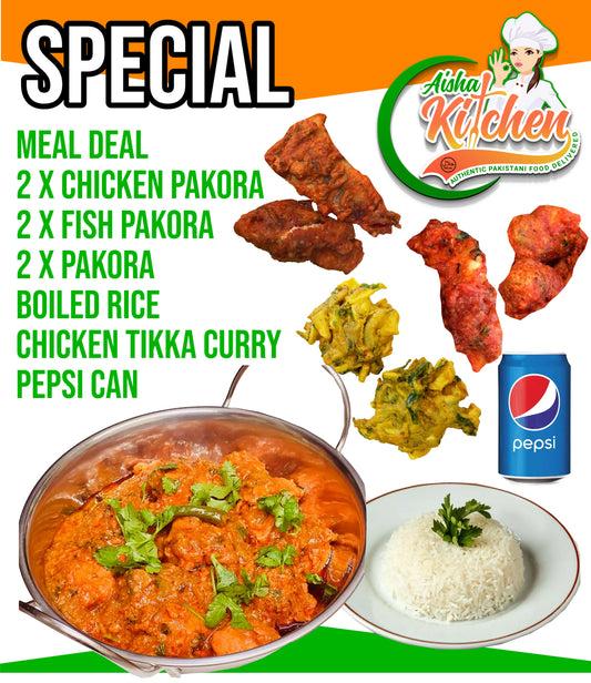 Special Chicken Tikka Masala Curry with Boiled Rice and 2x Chicken Pakora, 2x Fish Pakora, 2x Pakora and Pepsi Can