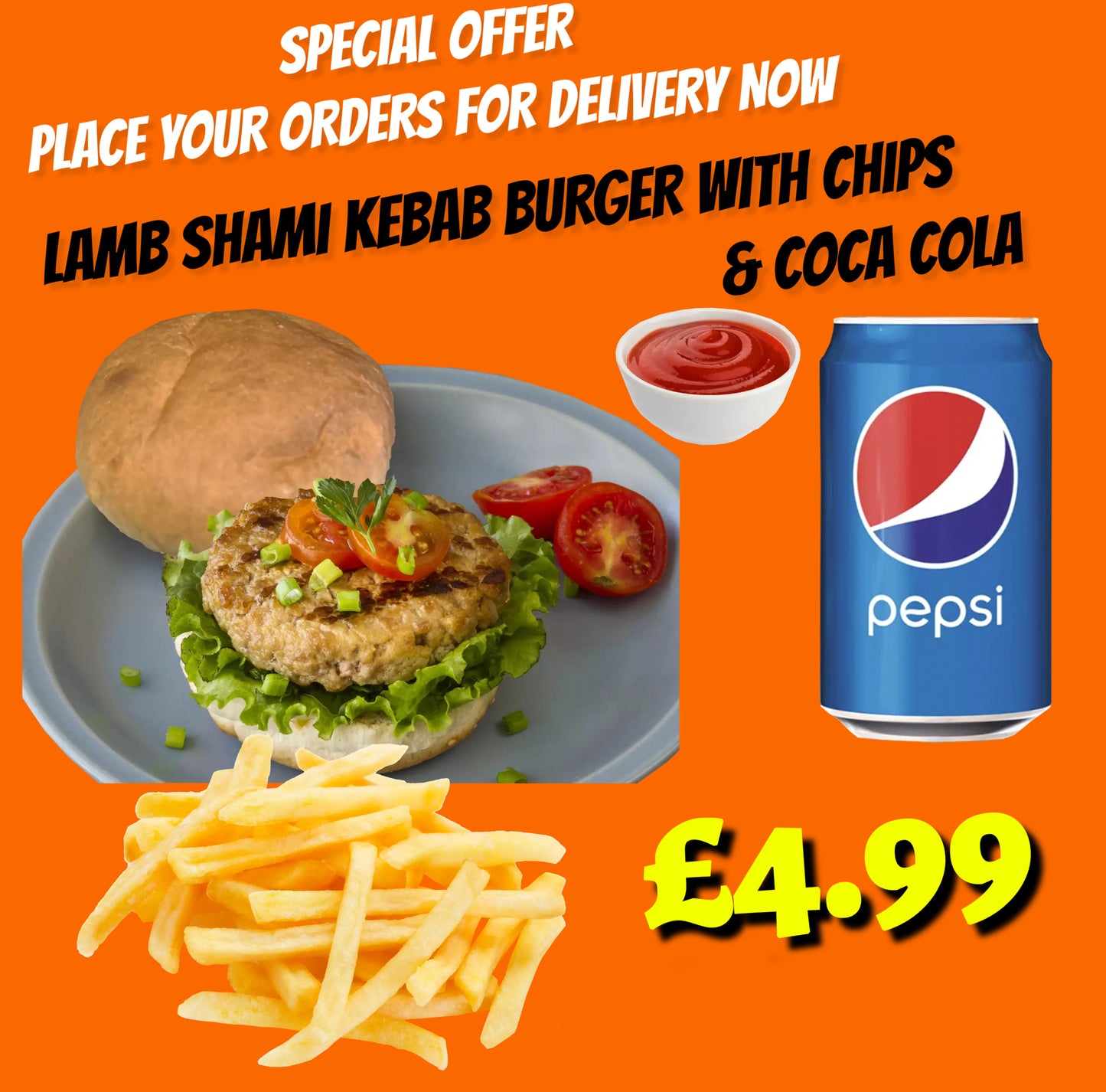 Todays Special Lamb Shami Kebab Burger with Chips & Pepsi Can