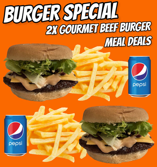 BURGER SPECIAL 2X HOMEMADE BEEF BURGERS AND CHIPS AND DRINK