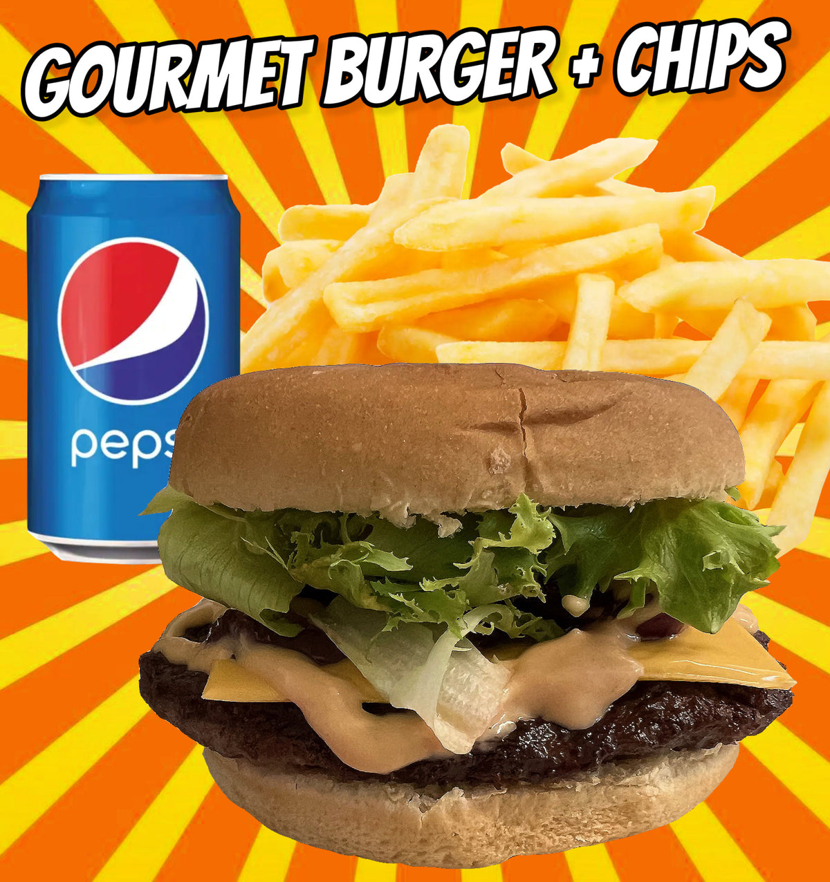 GOURMET BURGER AND CHIPS with Pepsi Can