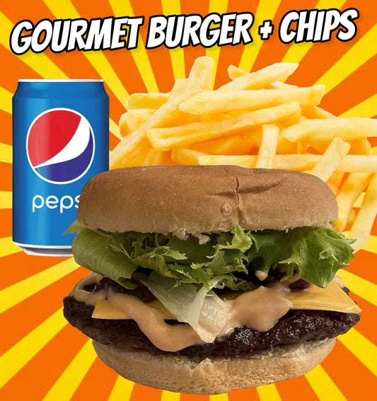 GOURMET BURGER AND CHIPS with Pepsi Can