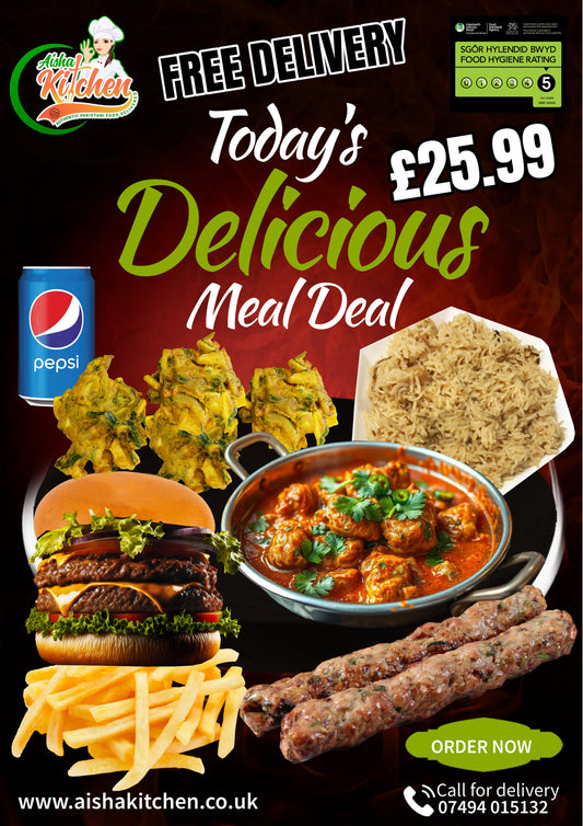 Chicken Karahi Curry with Pilau Rice and 2x Meat Seekh Kebabs and 1x Portion Pakora plus Twin Gourmet Burger with Chips and Drink