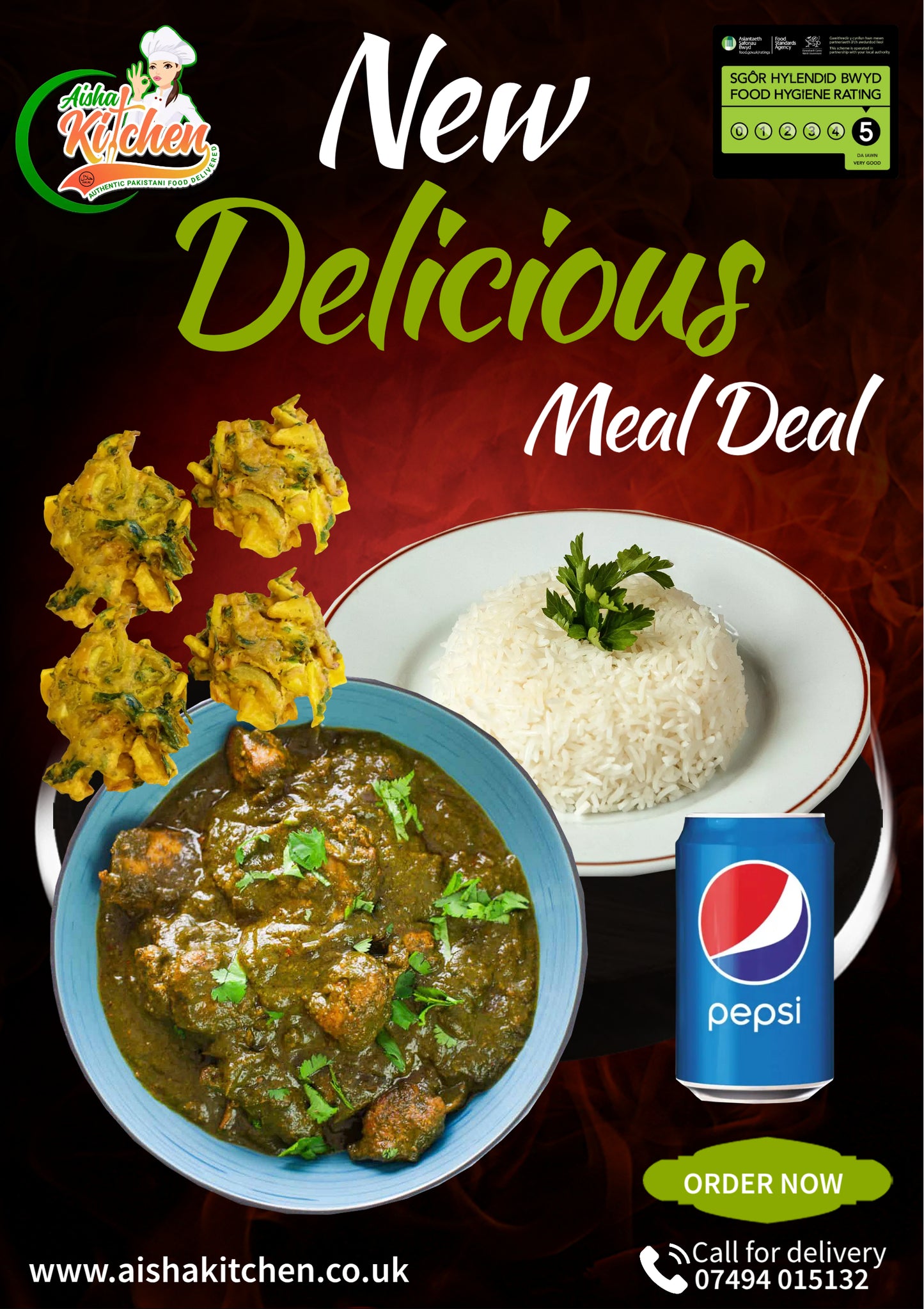 Saag Chicken Curry with Boiled Rice and 4x Pakora plus Drink