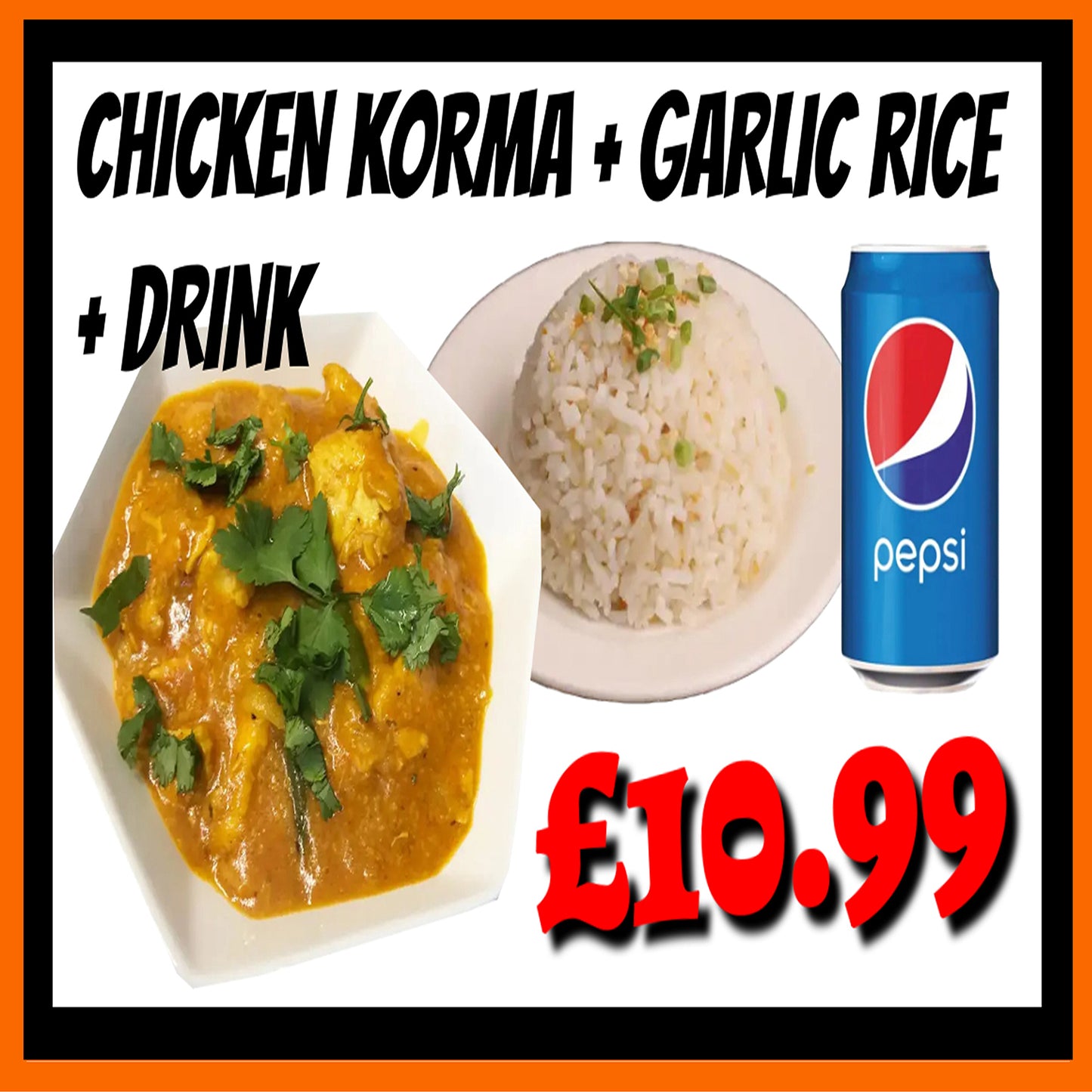 Meal Deal 13 : Chicken Korma Curry with Ginger Garlic Rice and Pepsi Can