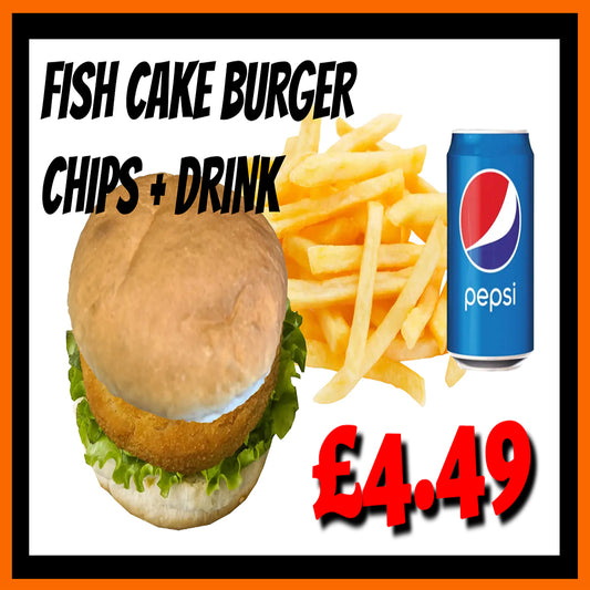 Meal Deal 12 : Fish Cake Burger with Chips, Ketchup Sauce and Pepsi Can