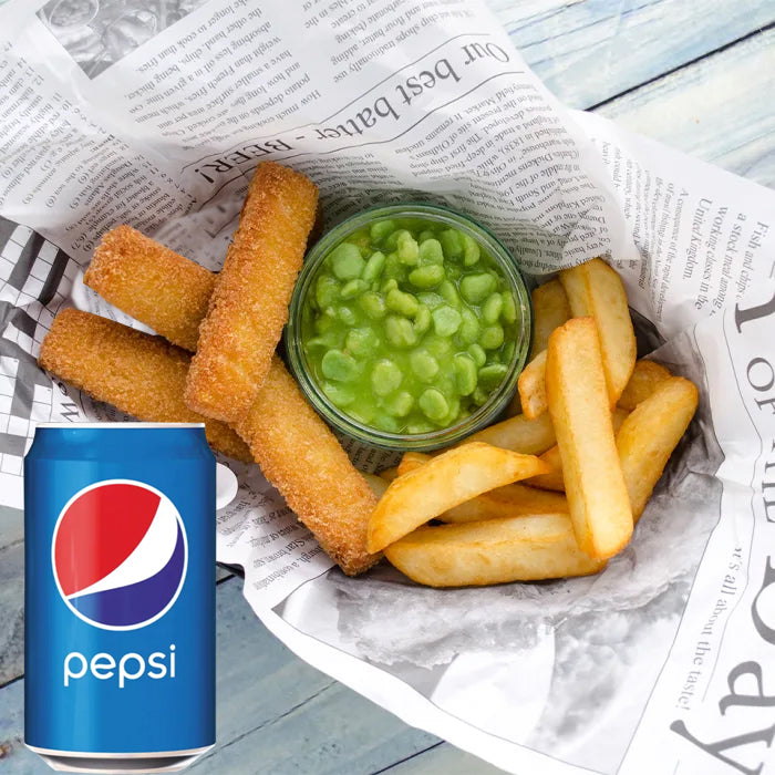 Kids Meal Deal 2 : Fish Fingers (4) with Chips and Mushy Peas and Pepsi Can